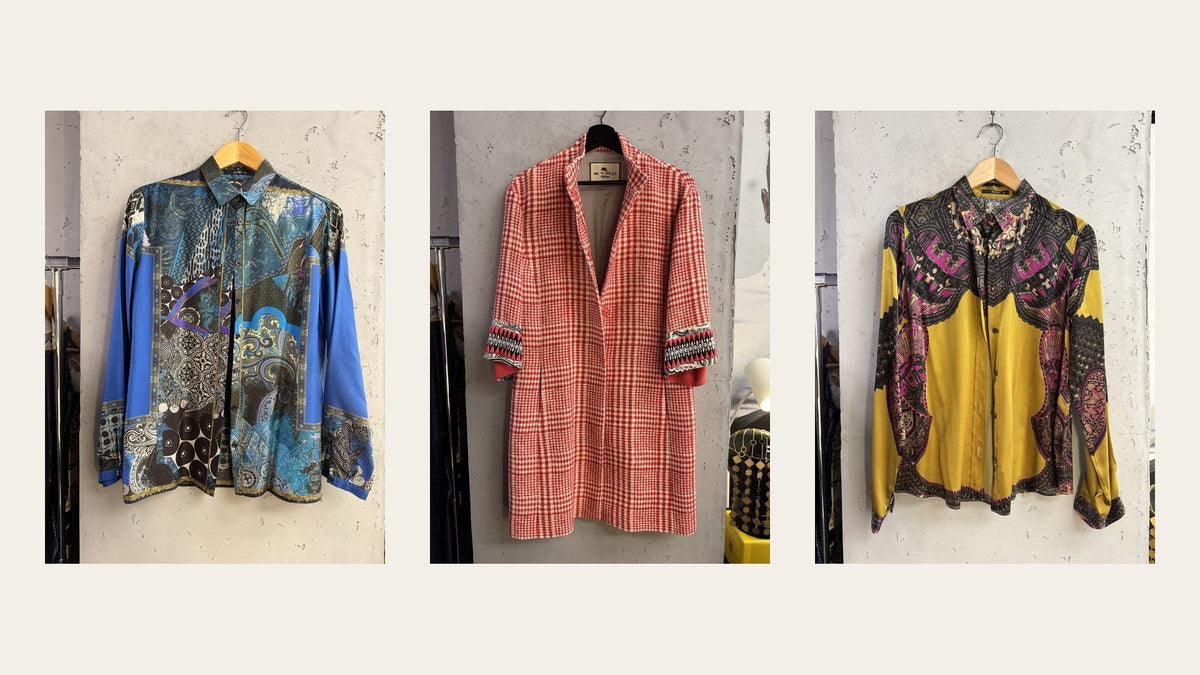 Three vintage Etro pieces at Berlin Vintage Corner: a blue paisley patchwork shirt, a red houndstooth coat and a mustard paisley shirt