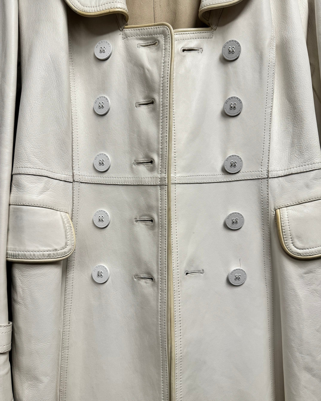 Burberry White Leather Double-Breasted Trench Coat detail