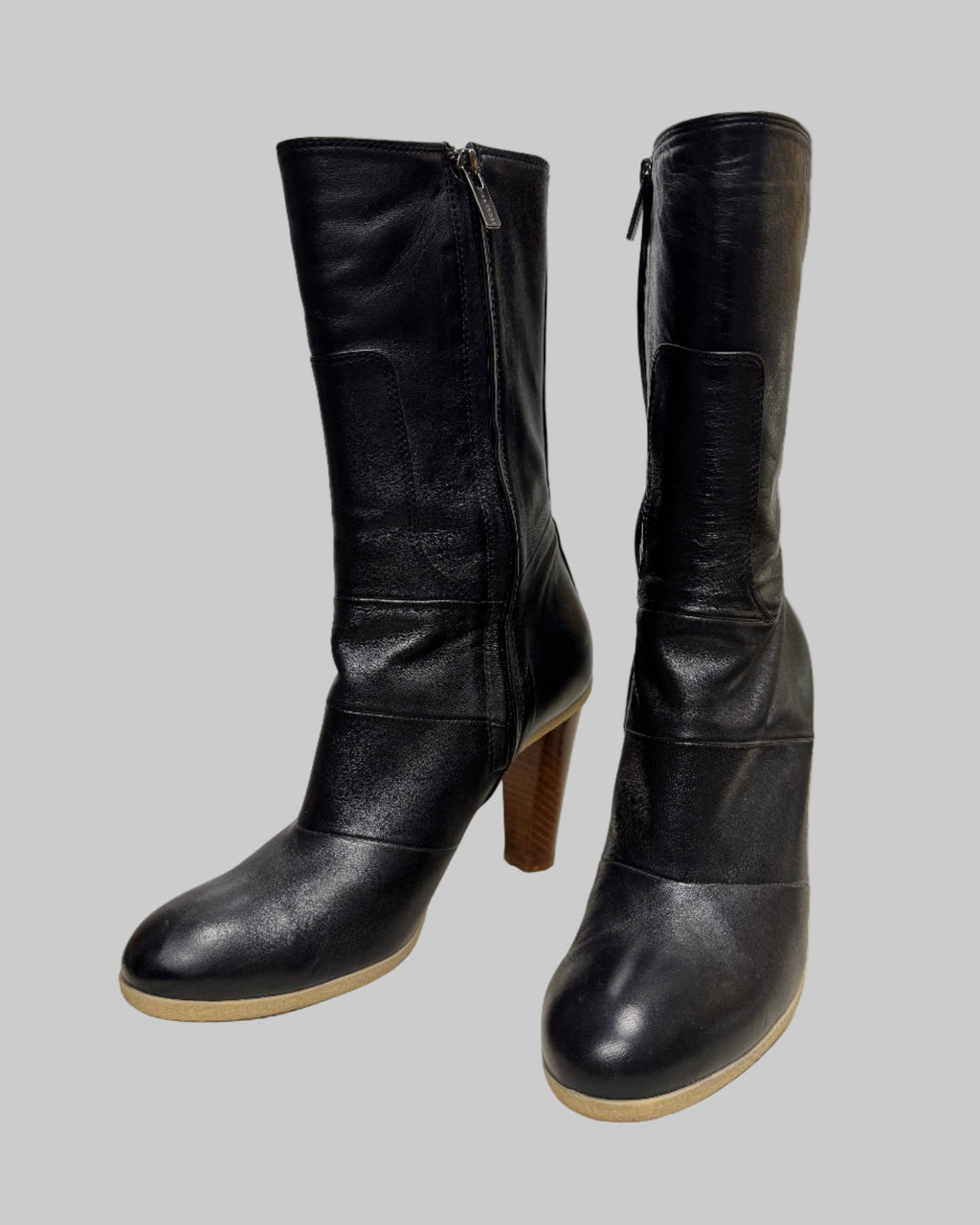 Jil Sander Women's Black Leather Boots with Wooden Heel front 2