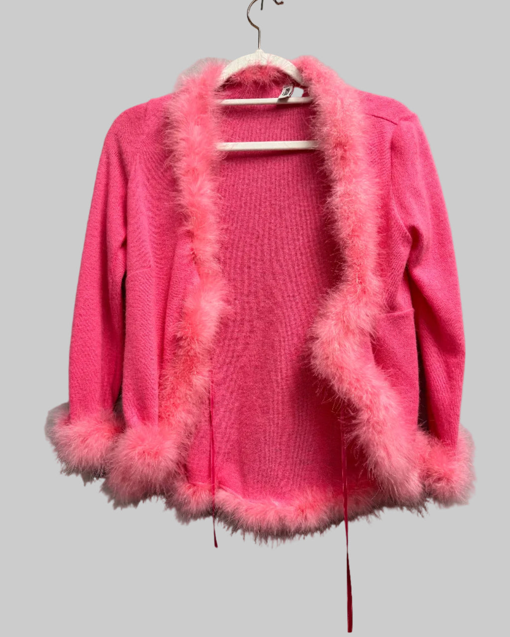 Moschino Hot Pink Feather Trim Cardigan Front