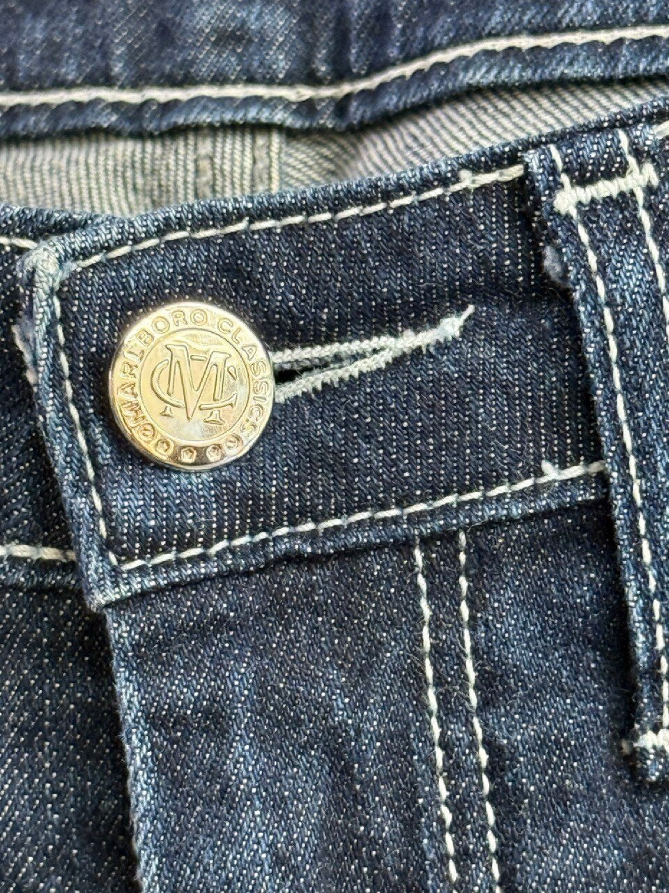 18th Amendment jeans, engraved shank button at the fly