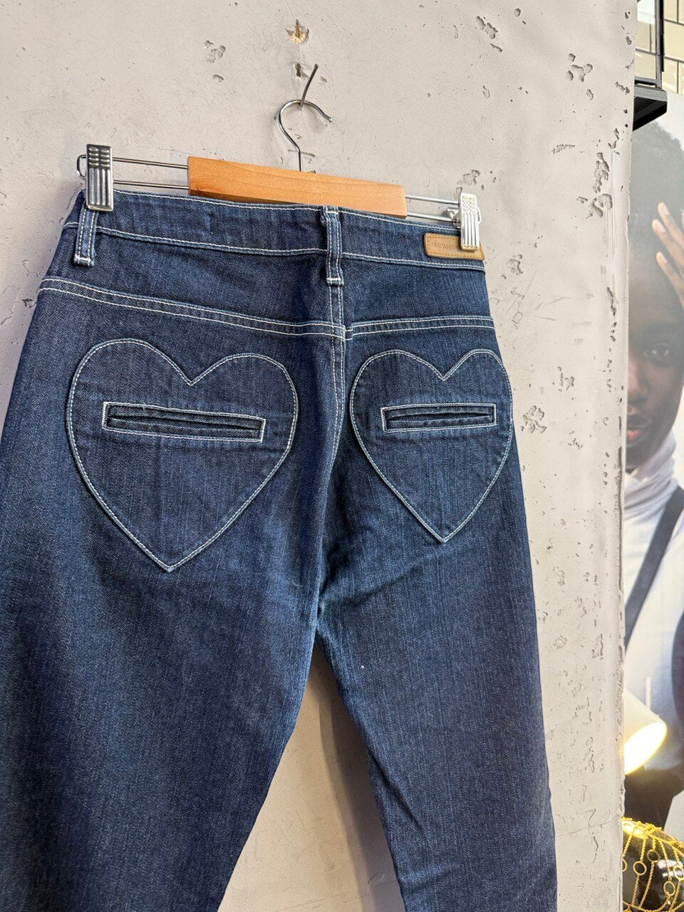18th Amendment jeans, heart pocket detail close up