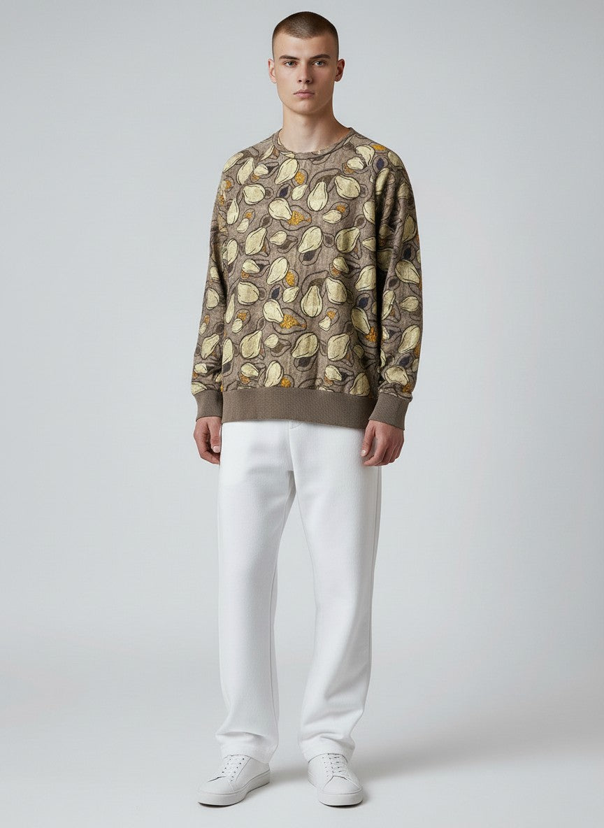 BERLIN VINTAGE CORNER brown, beige, and yellow abstract print crewneck sweatshirt with ribbed cuffs and hem.