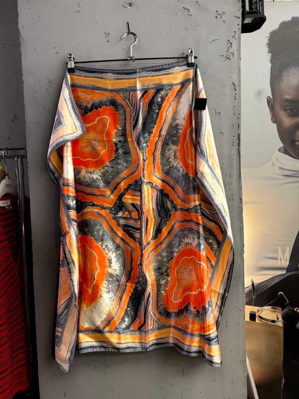 BERLIN VINTAGE CORNER silk scarf featuring a burnt orange, charcoal, and cream geode-inspired abstract print.