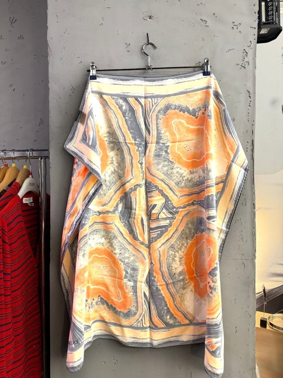 BERLIN VINTAGE CORNER silk fashion scarf with abstract geode print in burnt orange, charcoal, and cream tones.