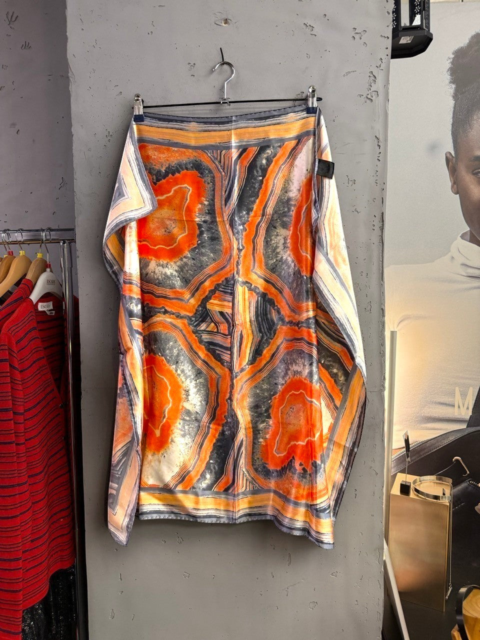 BERLIN VINTAGE CORNER silk scarf with burnt orange, charcoal, and cream geode-inspired abstract print.