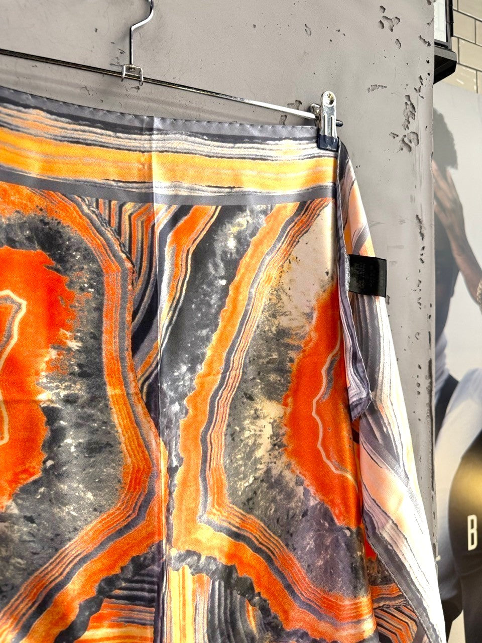 BERLIN VINTAGE CORNER silk scarf with geode-inspired abstract print in burnt orange, charcoal, and cream.
