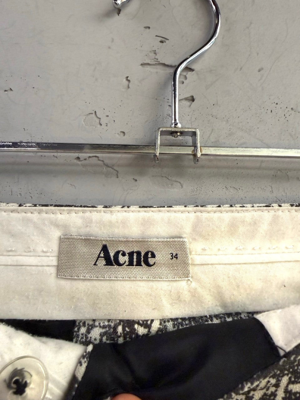 BERLIN VINTAGE CORNER Acne Studios textured tailored trousers with black and white abstract pattern and size 34 label