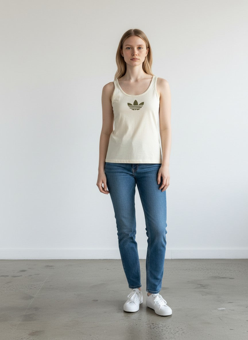 BERLIN VINTAGE CORNER cream cotton Adidas tank top with olive green trefoil logo, scoop neck, sleeveless.