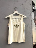 BERLIN VINTAGE CORNER cream cotton Adidas tank top with olive green trefoil logo, scoop neck, sleeveless, ribbed hem.