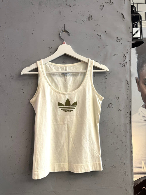 BERLIN VINTAGE CORNER cream cotton Adidas tank top with olive green trefoil logo, scoop neck, sleeveless, ribbed hem.