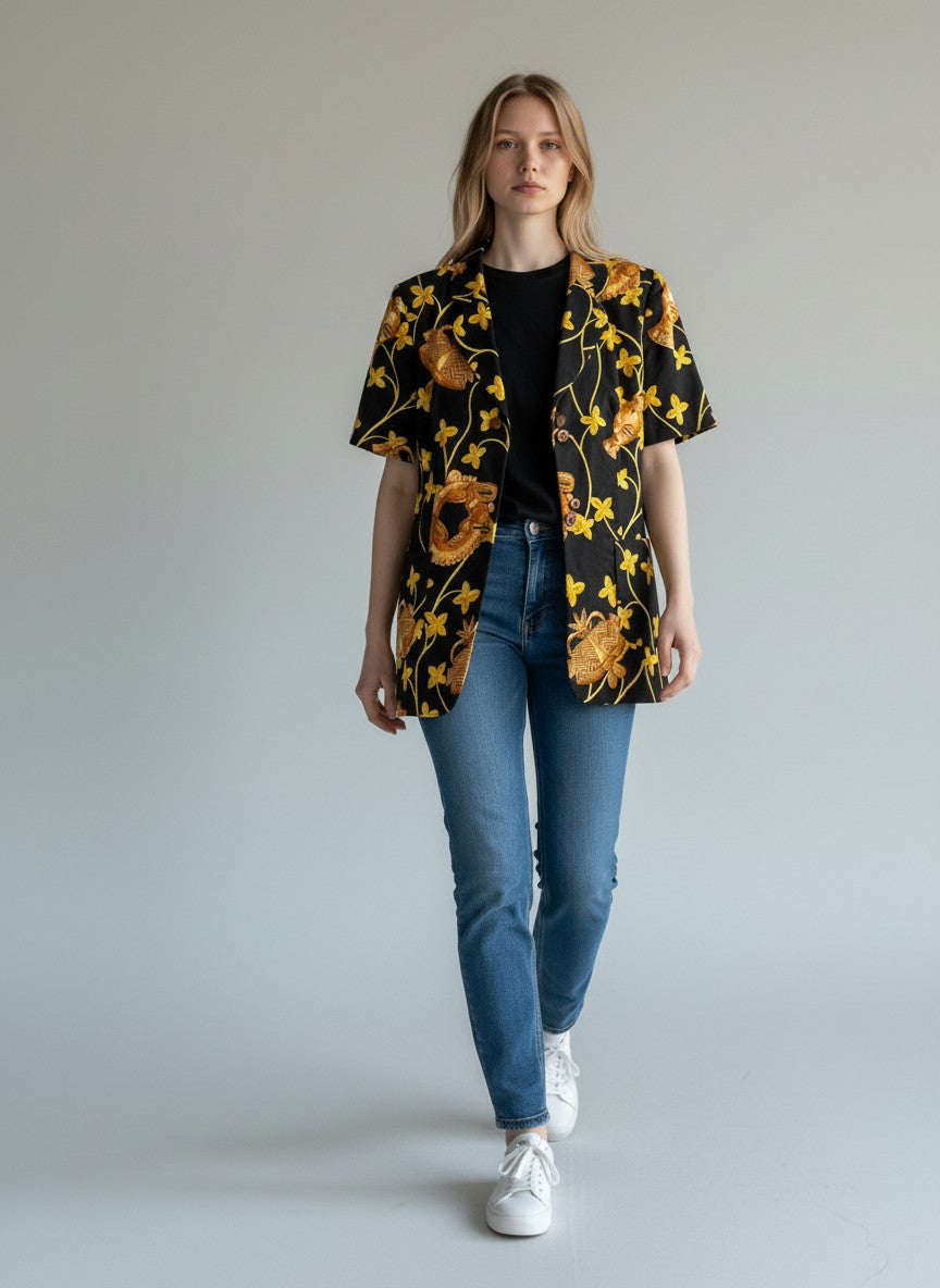 BERLIN VINTAGE CORNER black short sleeve blazer with gold African mask and tribal print, notched lapel.