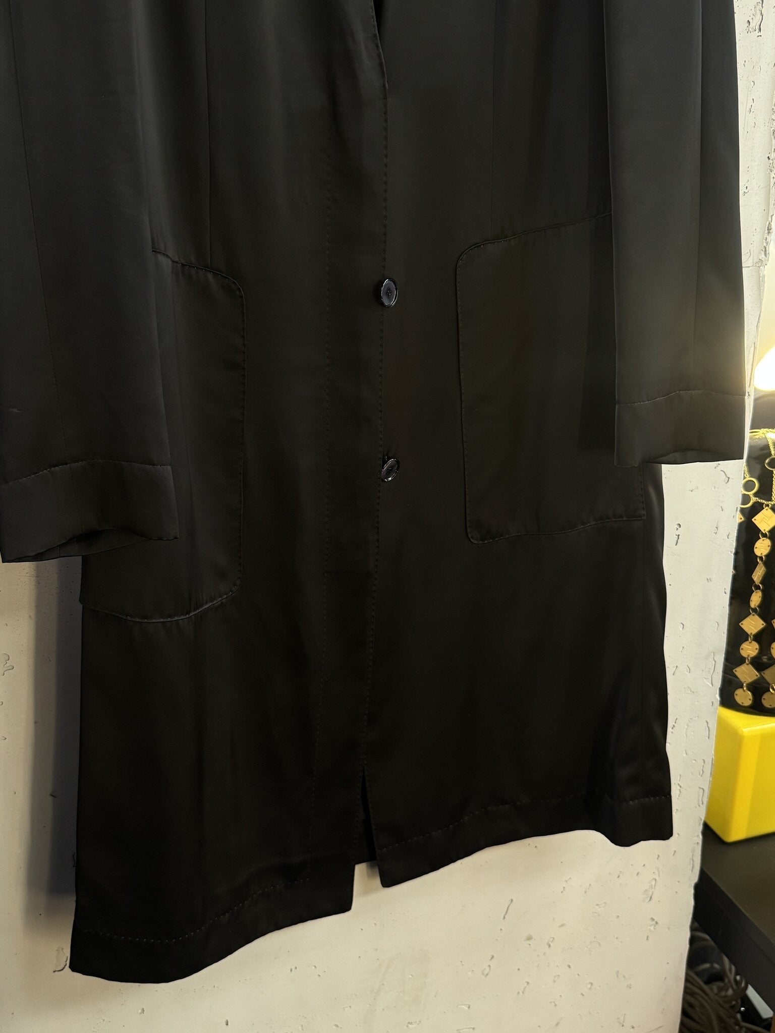 BERLIN VINTAGE CORNER Agnona black longline lightweight coat with a collarless design and two front patch pockets.