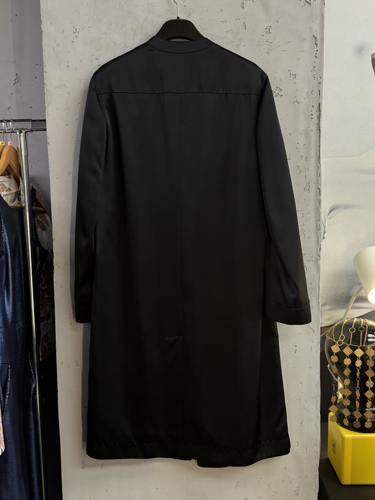 BERLIN VINTAGE CORNER Agnona black longline coat with a minimalist collarless design and subtle sheen