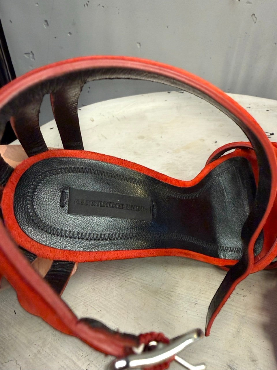 BERLIN VINTAGE CORNER Alexander Wang red suede block heel sandals with black leather insole and cage-style ankle strap