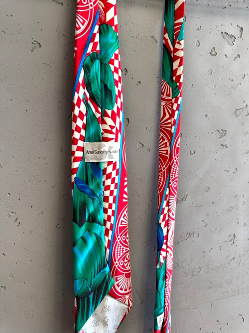 BERLIN VINTAGE CORNER Anne Surkamp Kramer silk necktie featuring red, teal, and white checkerboard and botanical print