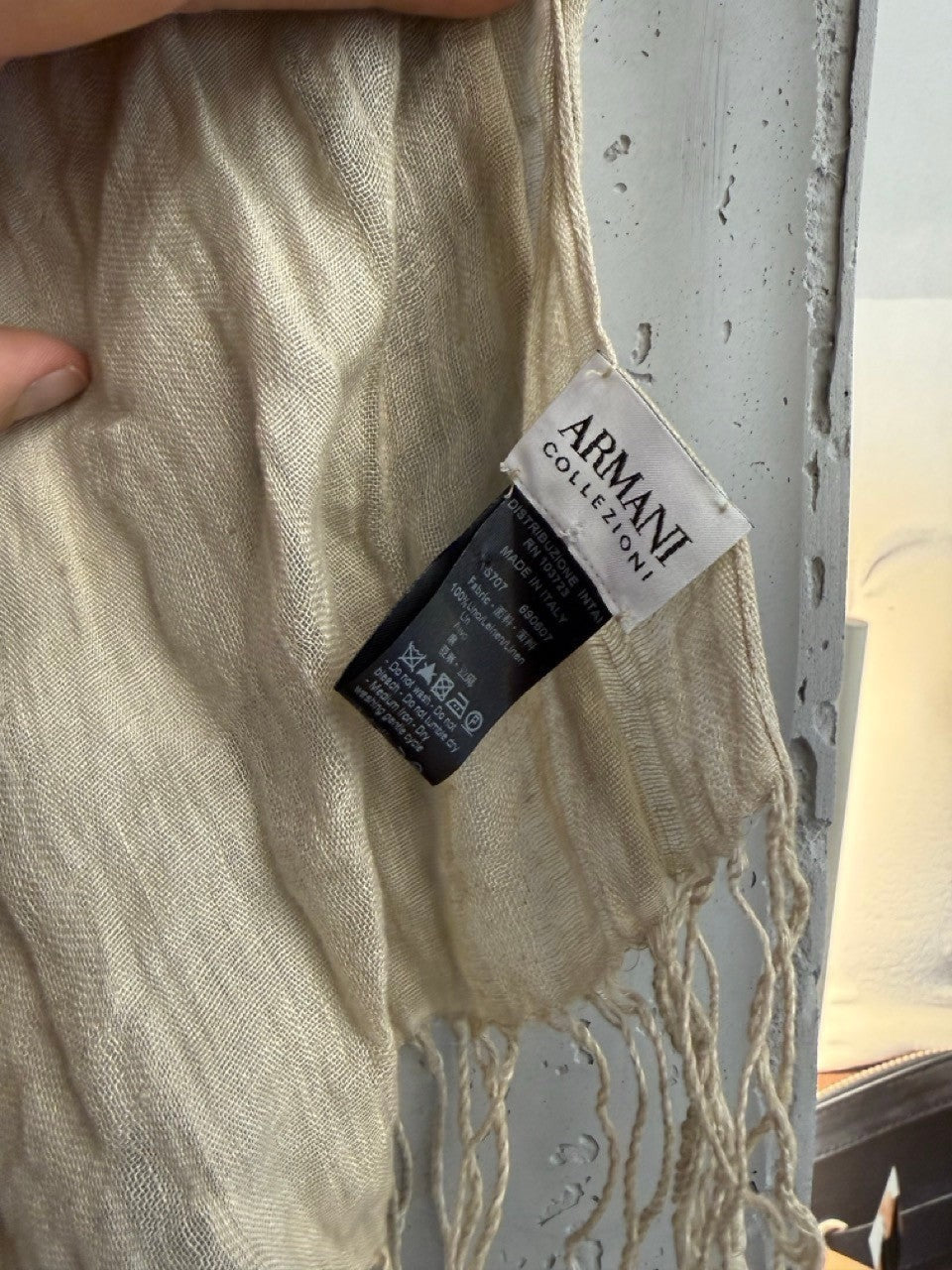 BERLIN VINTAGE CORNER Armani Collezioni cream linen scarf with fringe detail and Italian care label