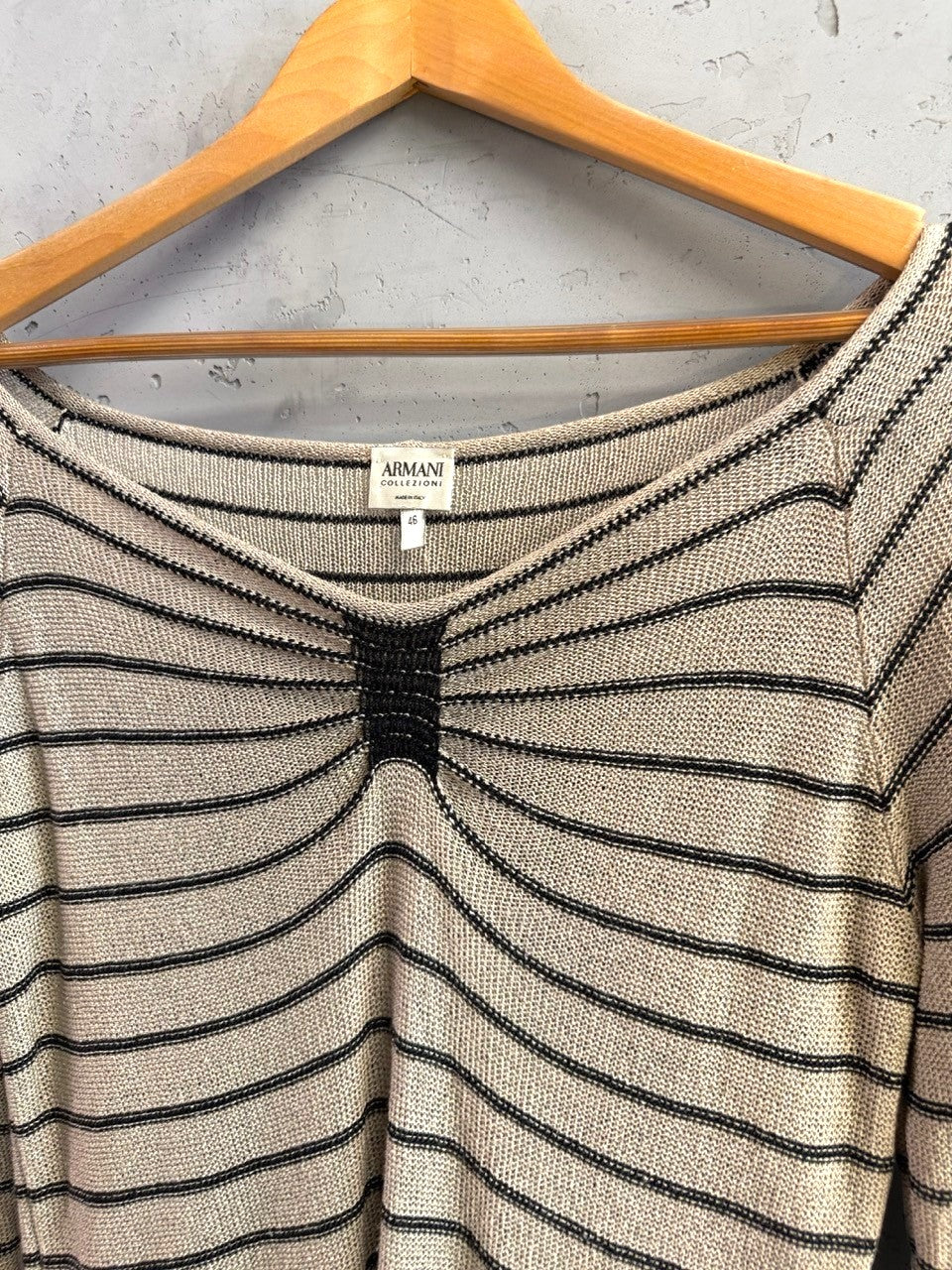 BERLIN VINTAGE CORNER Armani Collezioni beige and black striped knit sweater with a boat neckline and center detail.