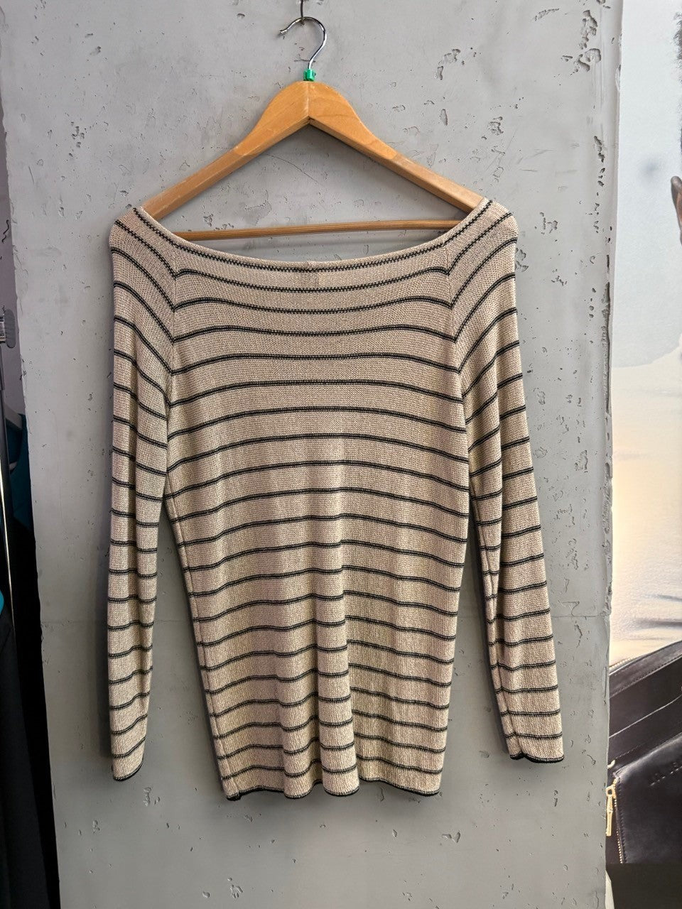 BERLIN VINTAGE CORNER Armani Collezioni beige and black striped long sleeve knit sweater with a boat neckline.