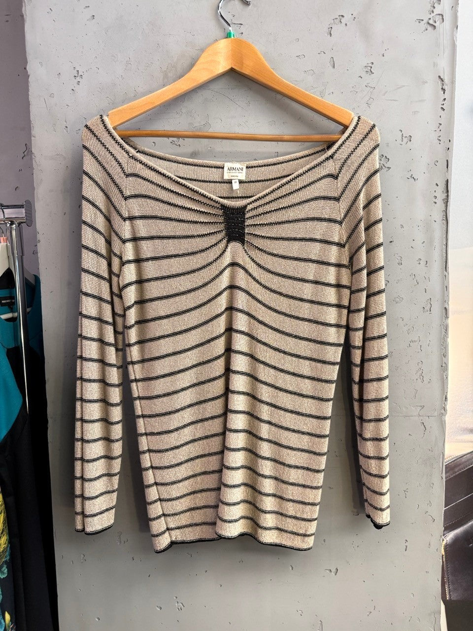 BERLIN VINTAGE CORNER Armani Collezioni beige and black striped knit sweater with boat neckline and center detail