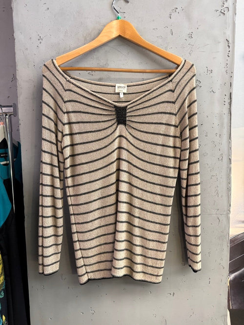 BERLIN VINTAGE CORNER Armani Collezioni beige and black striped knit sweater with boat neckline and center detail