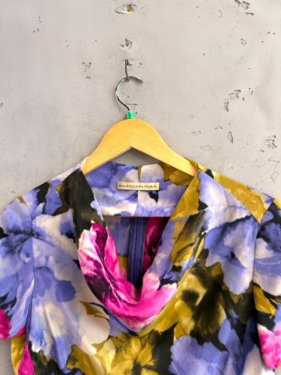 BERLIN VINTAGE CORNER Balenciaga short sleeve blouse featuring a vibrant fuchsia, violet, and olive floral print.