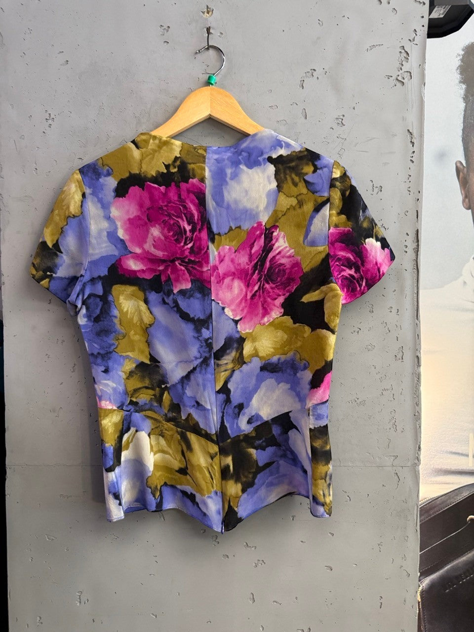 BERLIN VINTAGE CORNER Balenciaga short sleeve blouse featuring a vibrant fuchsia, violet, and olive floral print.