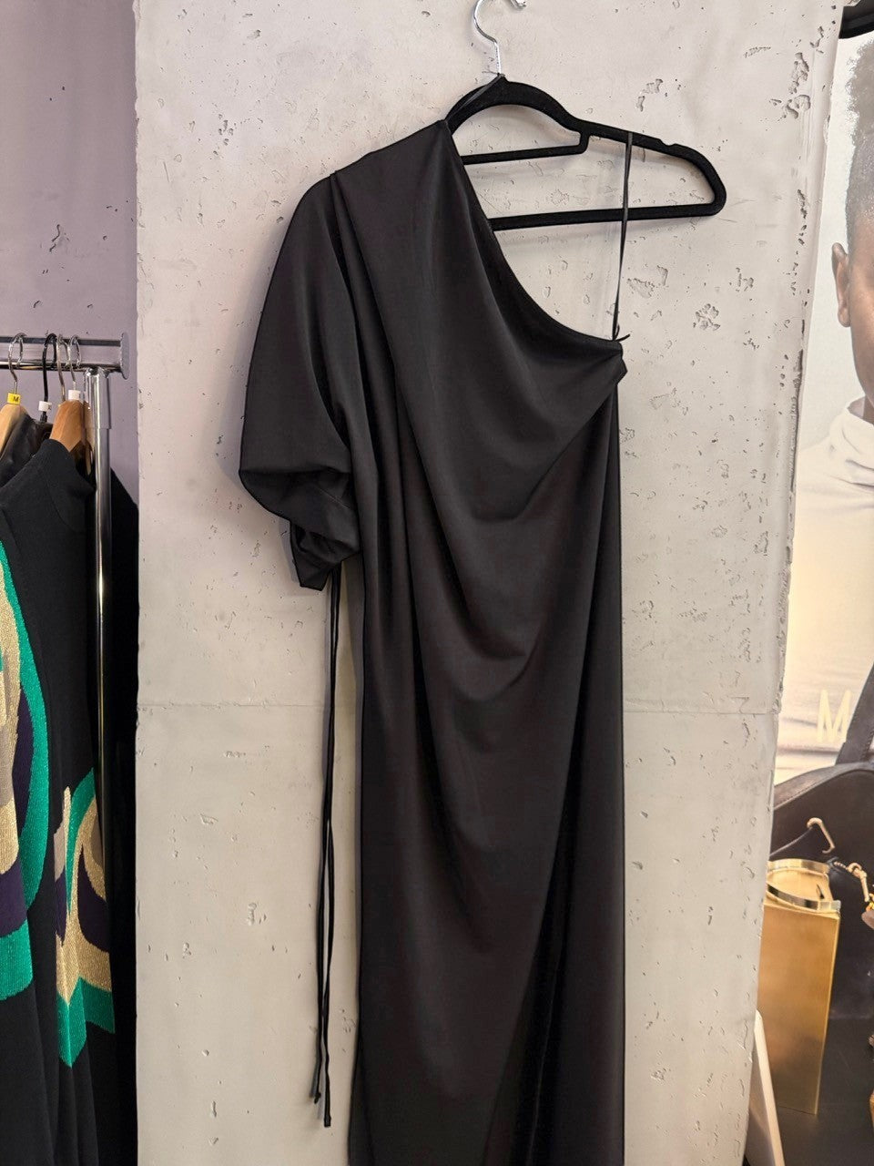 BERLIN VINTAGE CORNER black Balmain one-shoulder midi dress with draped fabric and ruched sleeve detail.