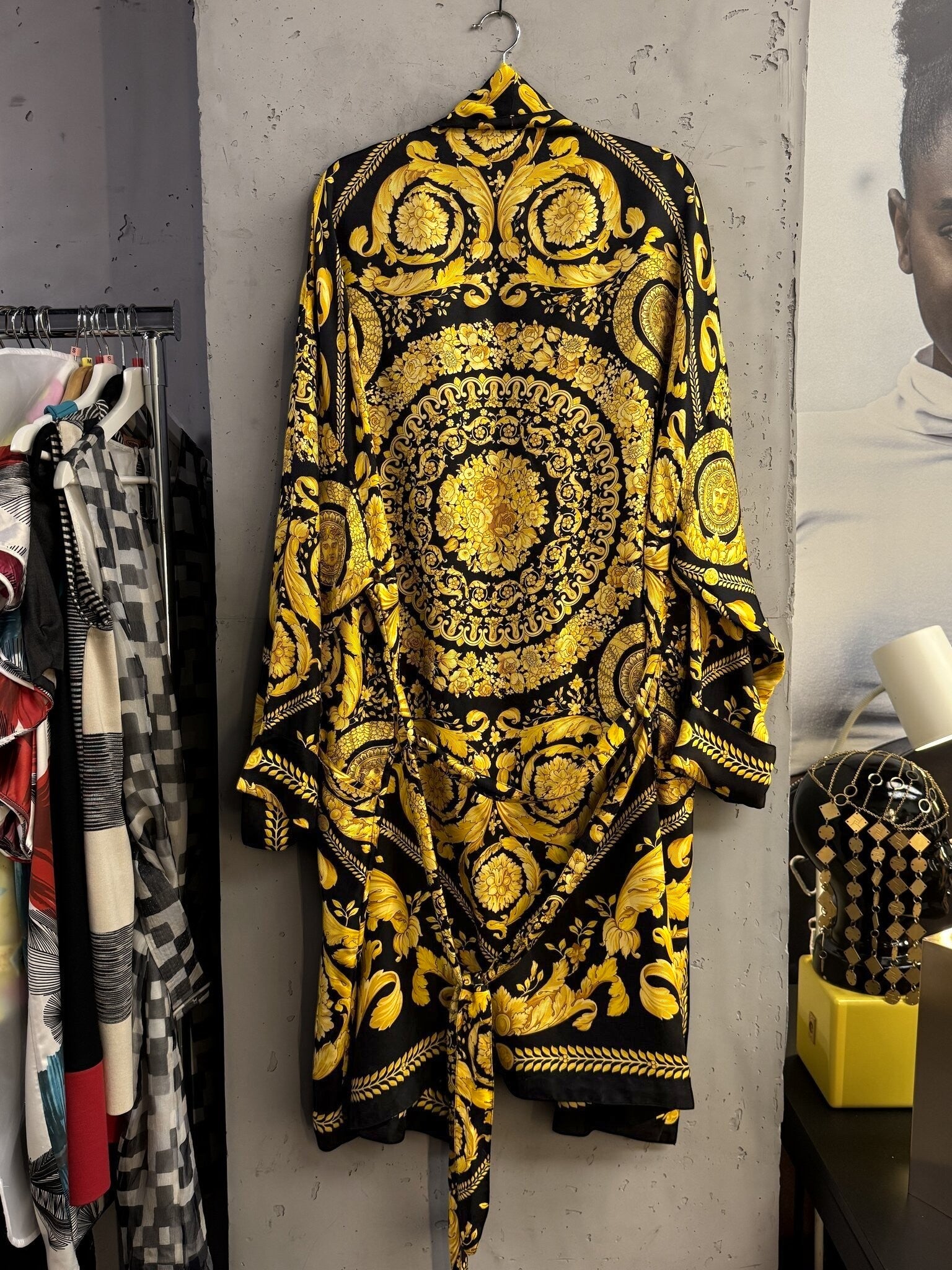 BERLIN VINTAGE CORNER long kimono robe featuring a bold black and gold baroque print with ornate Mediterranean patterns