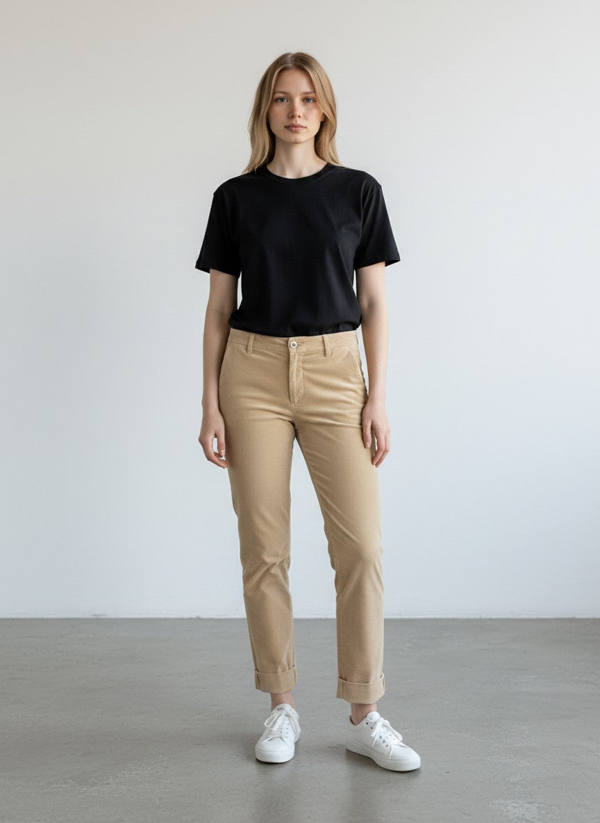 BERLIN VINTAGE CORNER beige corduroy cropped trousers with cuffed hem and pocket detailing.