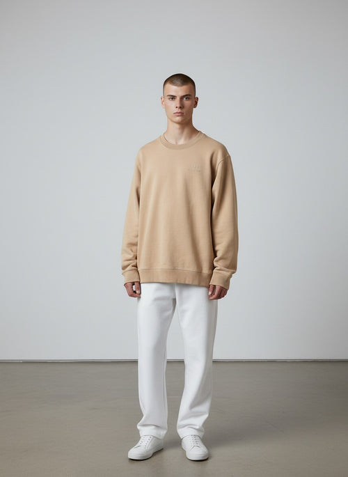 BERLIN VINTAGE CORNER beige cotton crewneck sweatshirt with embroidered logo on chest. Casual, comfortable, and stylish.