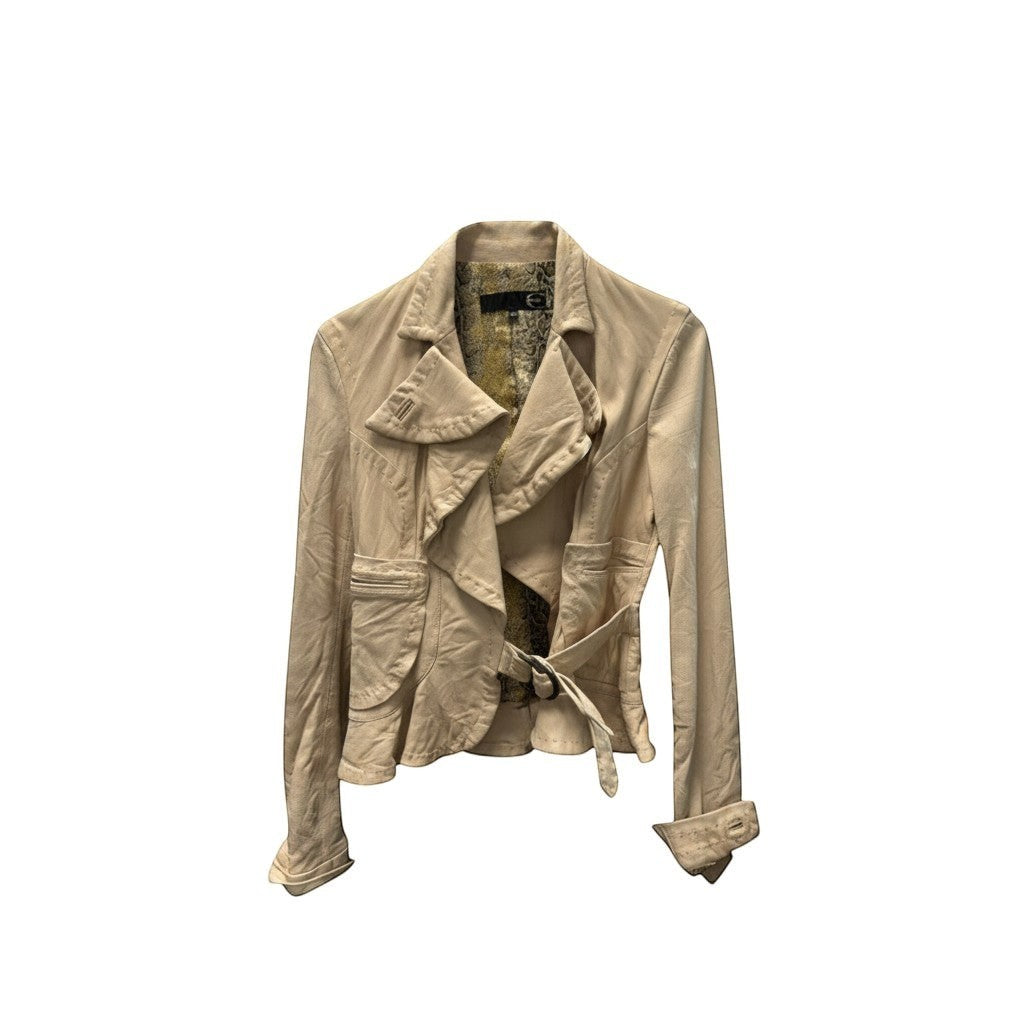 BERLIN VINTAGE CORNER beige leather jacket with snake print lining, unique stitching, and adjustable belt.