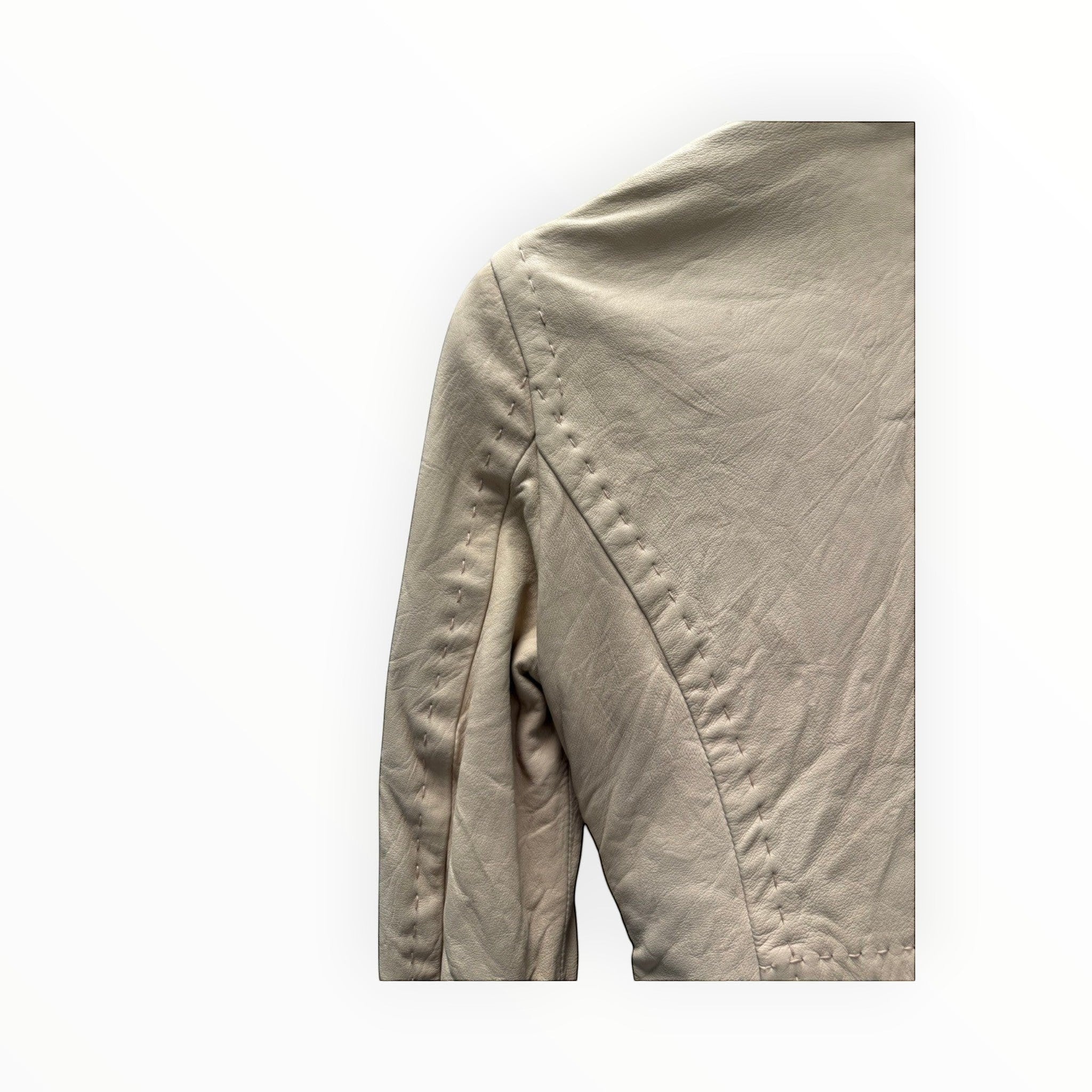 BERLIN VINTAGE CORNER beige leather jacket with unique contrast stitching and textured snake print lining.