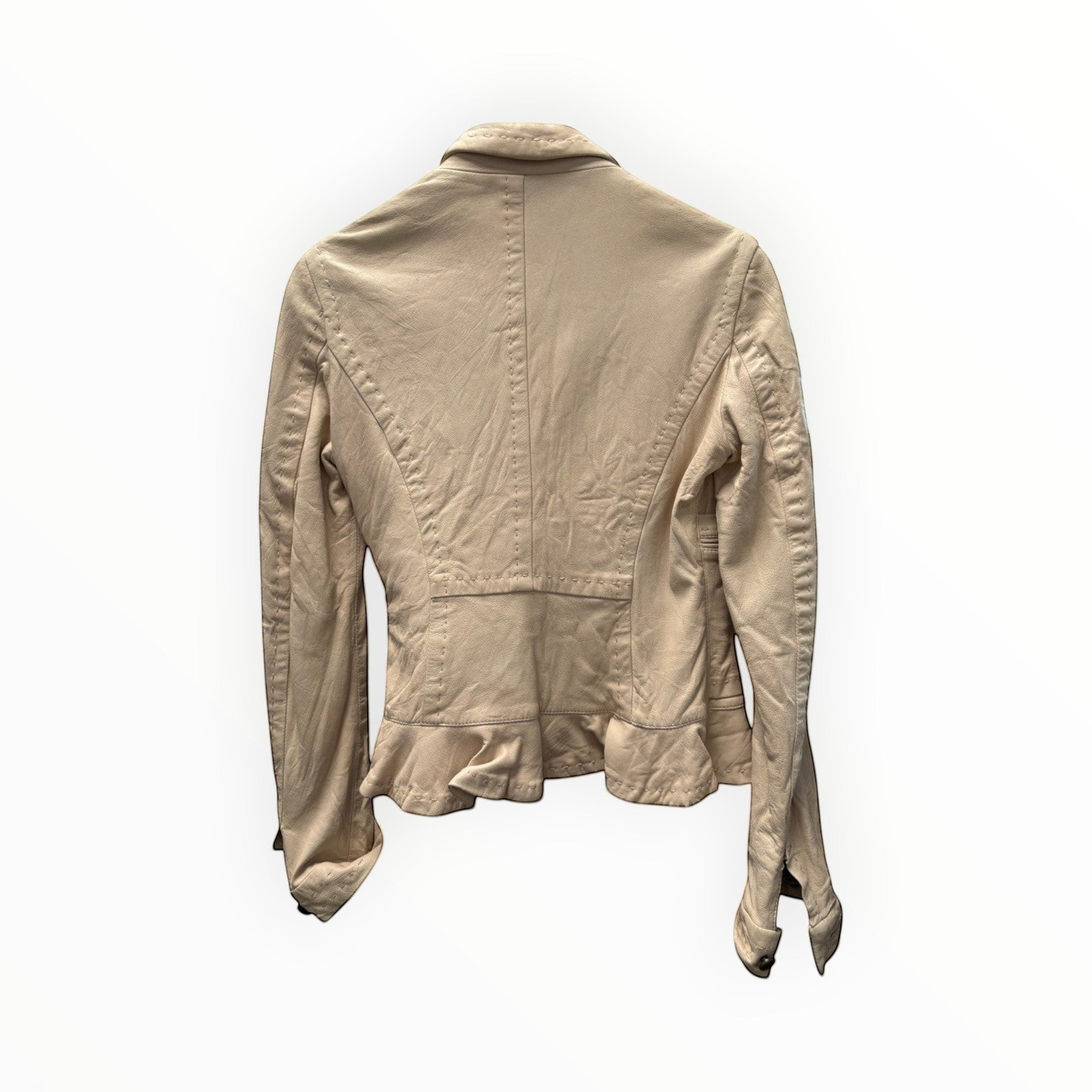 BERLIN VINTAGE CORNER beige leather jacket with unique stitching and ruffled hem. Textured snake print lining visible.