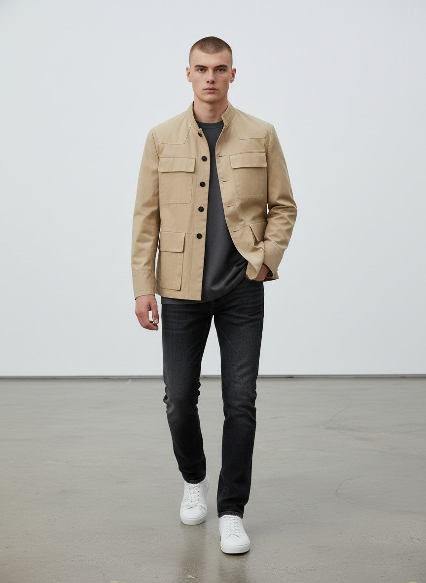 BERLIN VINTAGE CORNER beige cotton blend safari jacket with textured collar, button-down front, and four pockets.