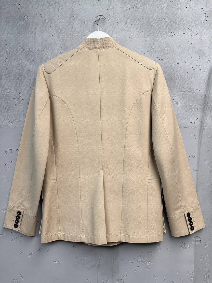 BERLIN VINTAGE CORNER beige cotton blend safari jacket with textured collar and embroidered logo.