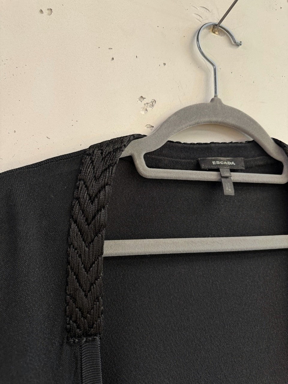 BERLIN VINTAGE CORNER black fine knit cardigan with braided neckline detail and velvet trim.