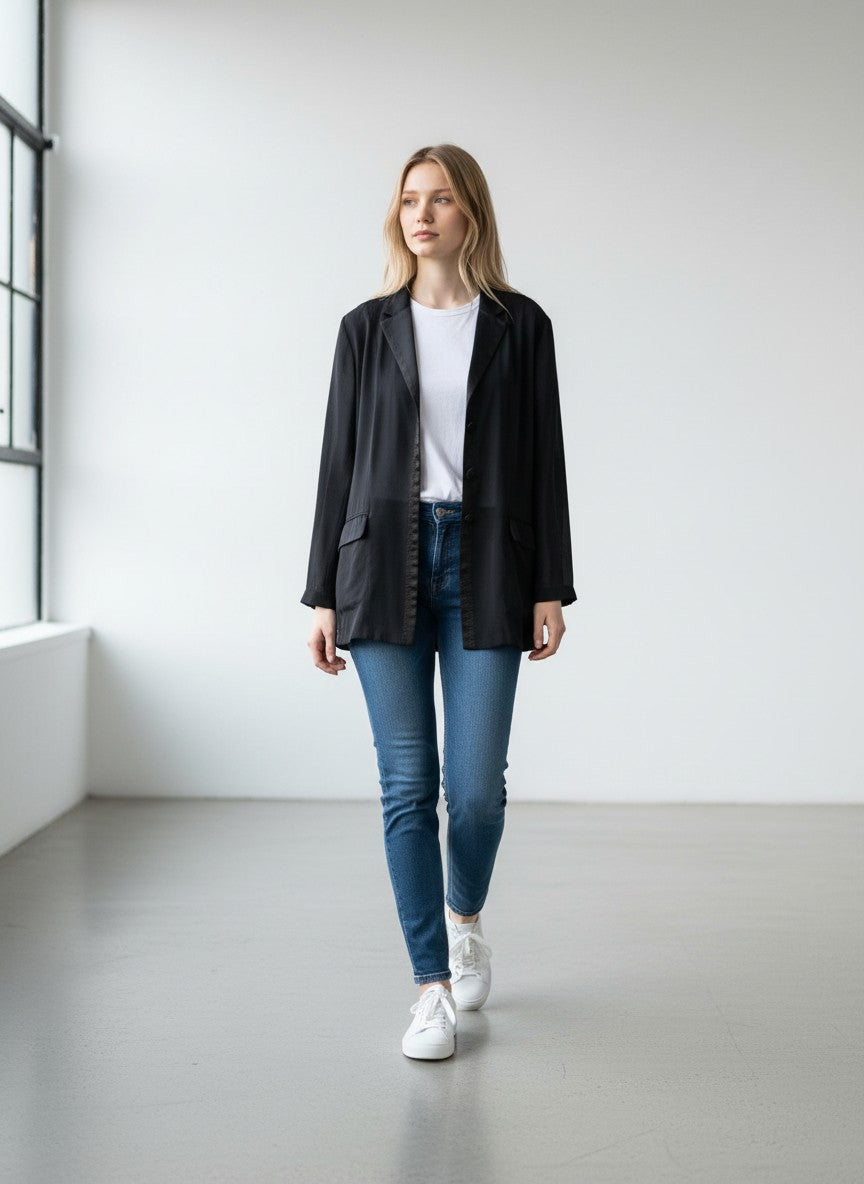 BERLIN VINTAGE CORNER black D&G long sleeve blazer with notched lapel and two front flap pockets.
