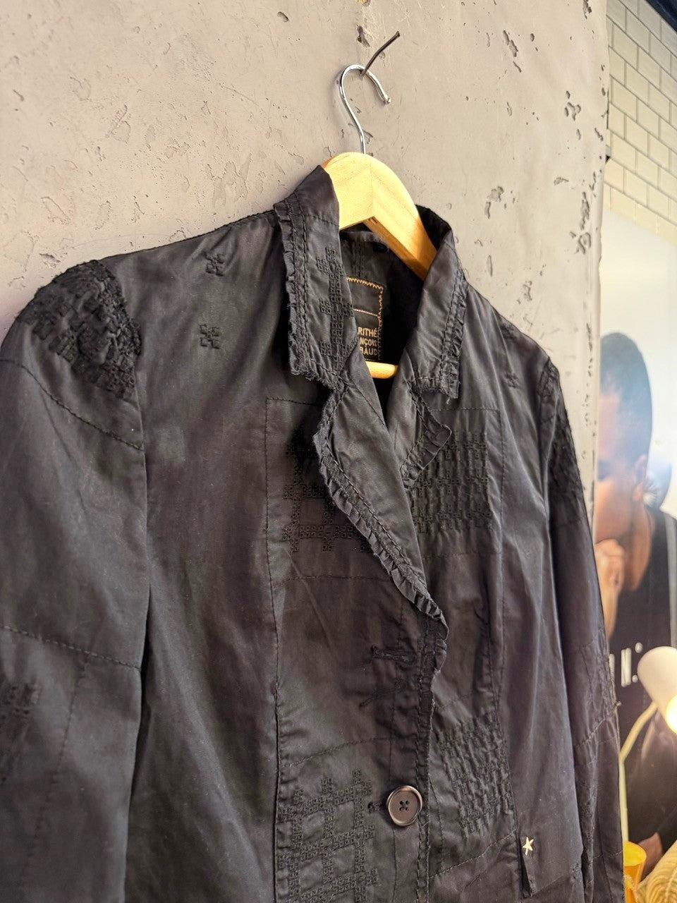 BERLIN VINTAGE CORNER black tailored blazer by Marithé + François Girbaud with tonal embroidery and star hardware.