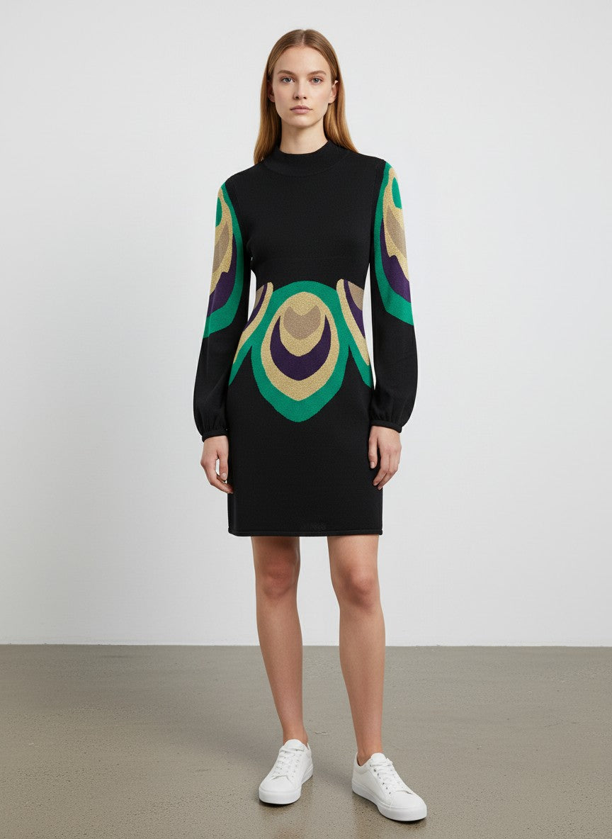 BERLIN VINTAGE CORNER black knit dress with high neckline, long sleeves, and retro geometric pattern in green, purple, and gold.