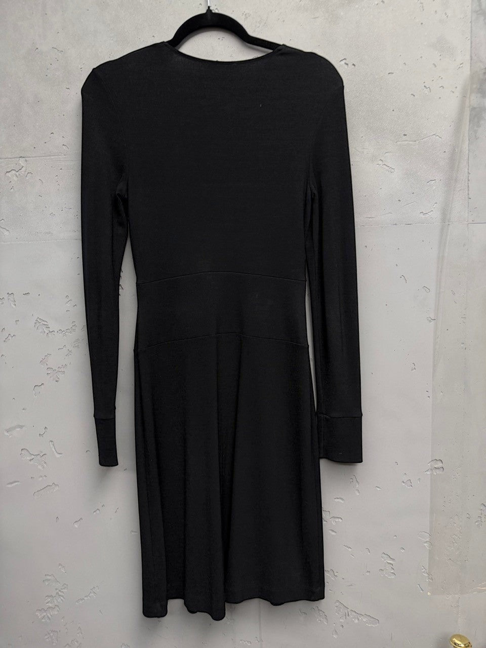 BERLIN VINTAGE CORNER black long sleeve knit midi dress with scoop neckline and defined waist