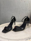 BERLIN VINTAGE CORNER black leather heeled sandals with ankle straps and square toe