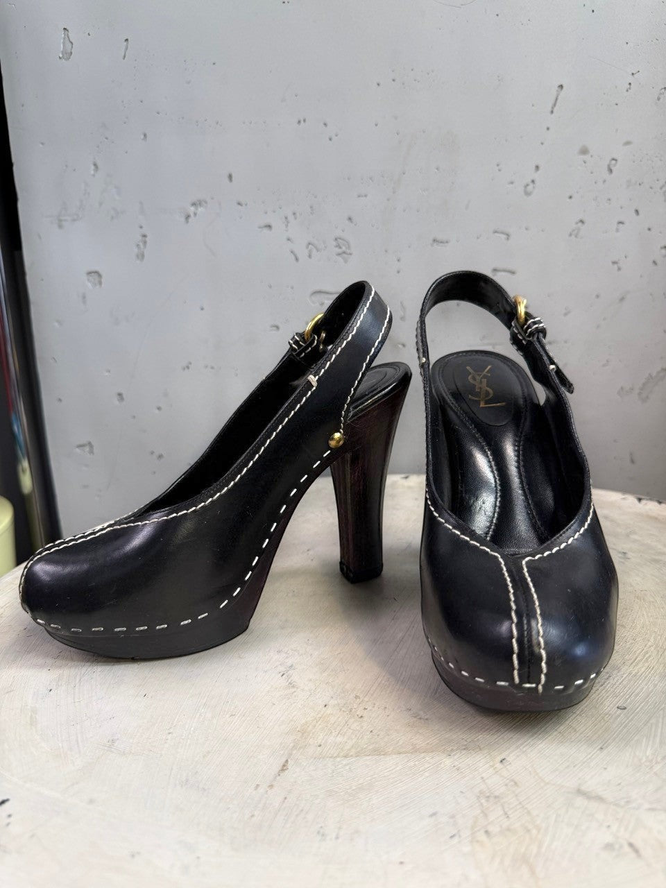 BERLIN VINTAGE CORNER black leather slingback platform heels with white contrast stitching and wooden block heel.