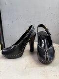 BERLIN VINTAGE CORNER black leather slingback platform heels with white contrast stitching and wooden block heel.