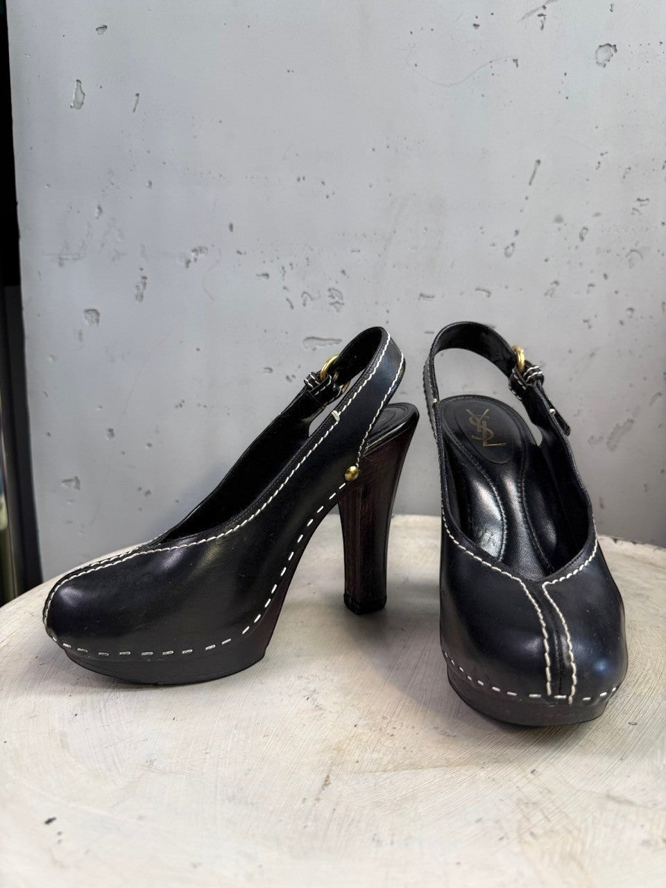BERLIN VINTAGE CORNER black leather slingback platform heels with white contrast stitching and wooden block heel.