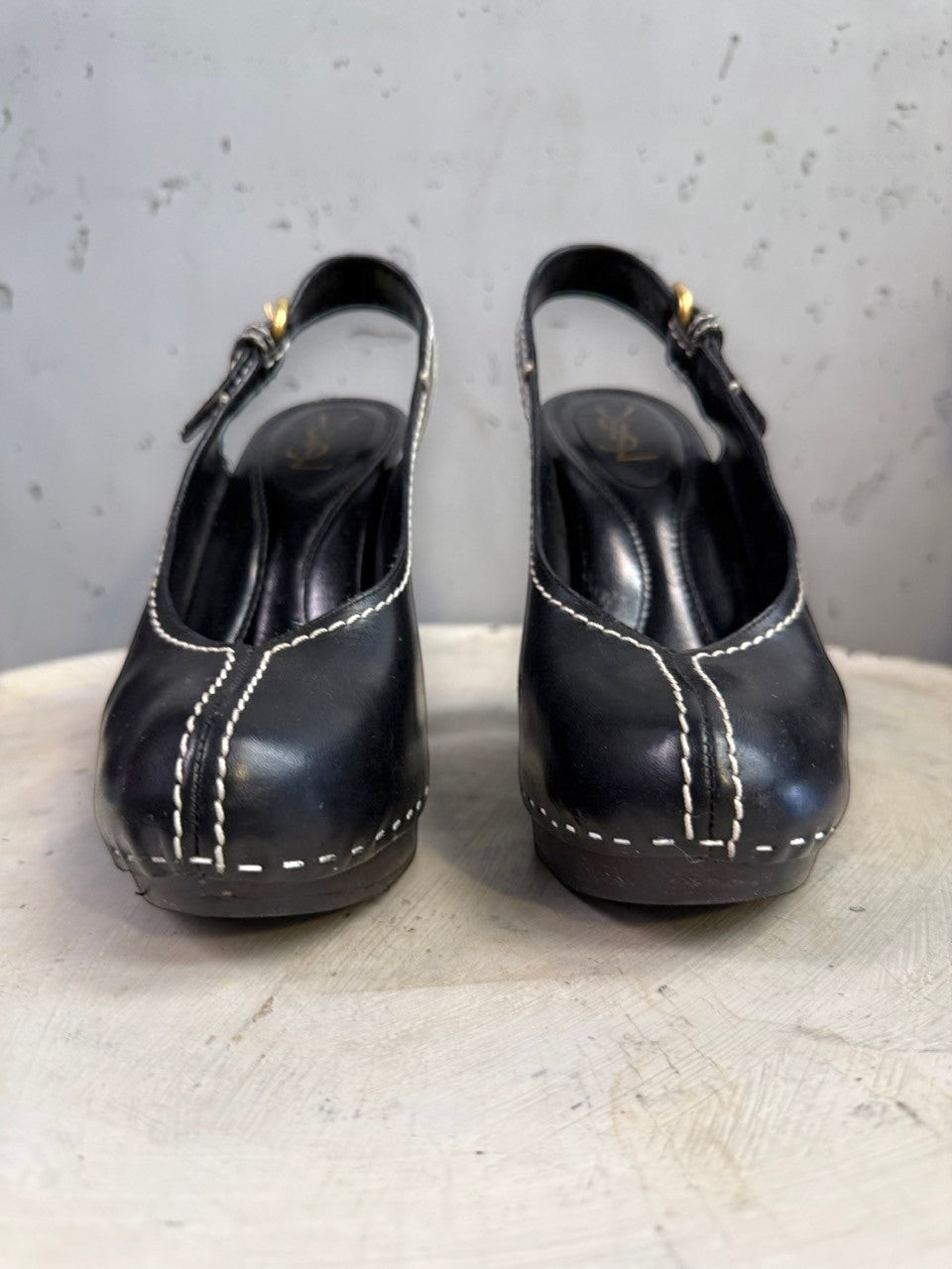 BERLIN VINTAGE CORNER black leather slingback platform heels with white contrast stitching and wooden block heel.