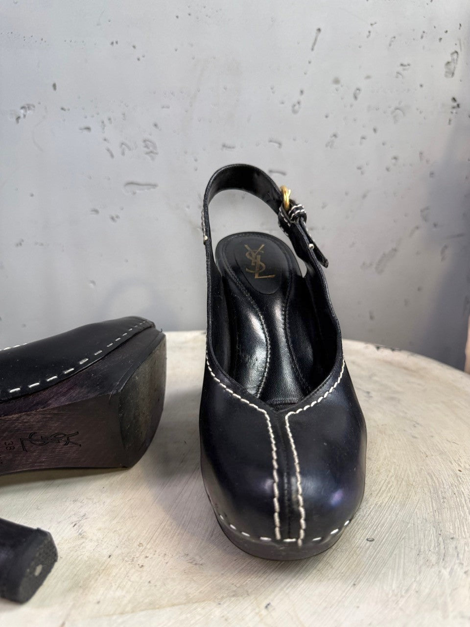 BERLIN VINTAGE CORNER black leather slingback platform heels with white contrast stitching and wooden block heel.