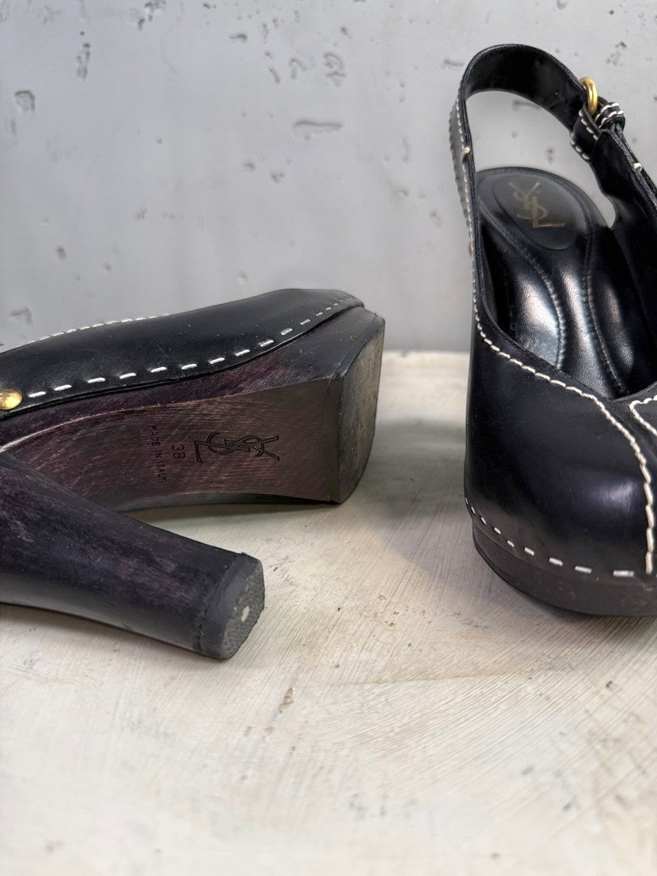BERLIN VINTAGE CORNER black leather slingback platform heels with white contrast stitching and wooden block heel.