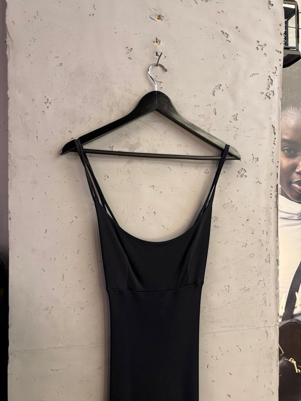 BERLIN VINTAGE CORNER Ritmo di PERLA black sleeveless maxi dress with spaghetti straps on a hanger
