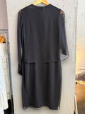 BERLIN VINTAGE CORNER black midi dress with sheer sleeves and asymmetrical neckline. Flowing fabric.